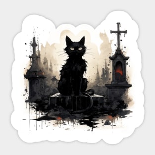 Nocturnal Guardian - Black Cat at the Cemetery Sticker